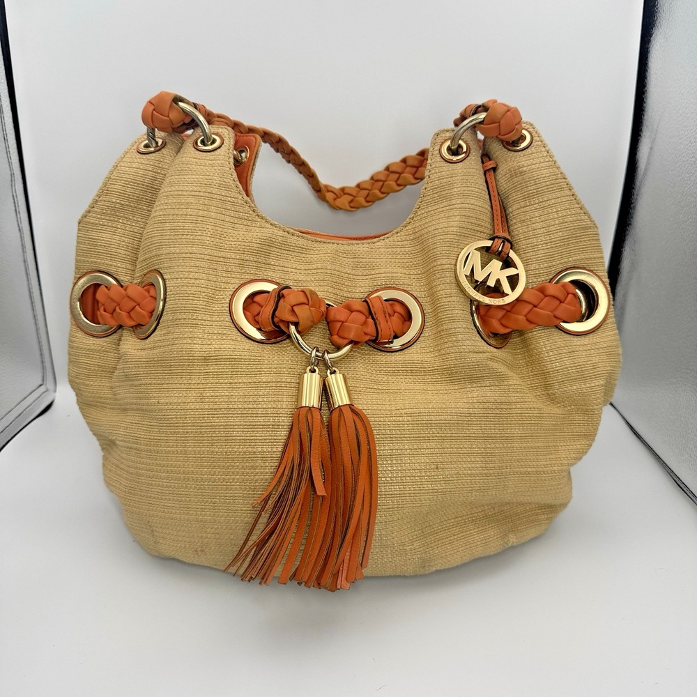 Michael Kors Carlton Large Straw Hobo Bag Braided Leather Grommet Tassel Tan